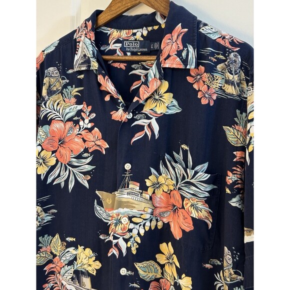 VTG Polo Ralph Lauren Men Shirt Large Tall Viscose Camp Ship Aloha Island Resort - Picture 2 of 10